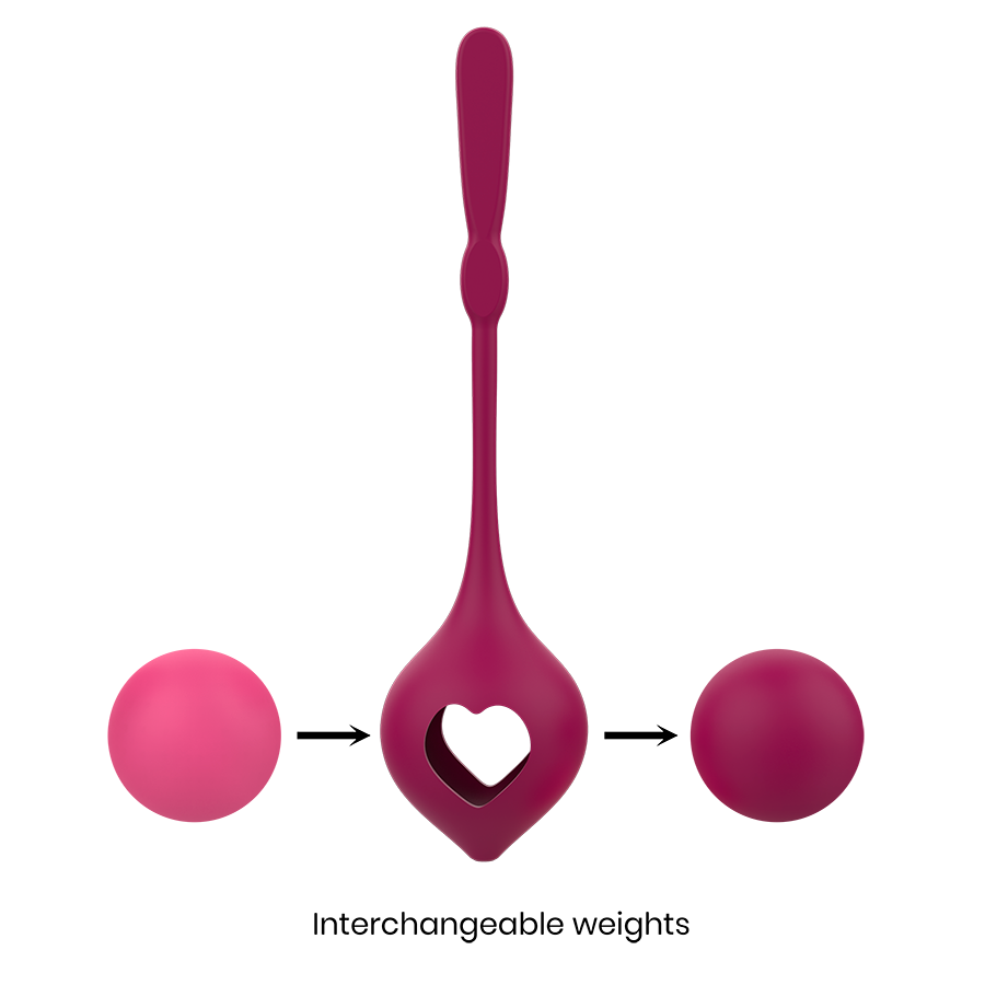 Illustration des poids interchangeables du kit de boules de Geisha Rithual en silicone bordeaux, bille rose et foncee a inserer dans le coeur central pour ajuster la charge.
