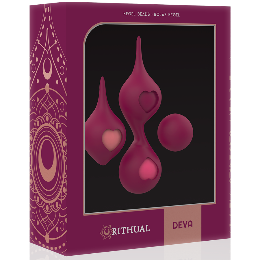 Boite Deva Rithual bordeaux a decor dore presentant le kit de boules de Geisha en silicone par la fenetre, accessoire de tonification perineale a poids progressifs.