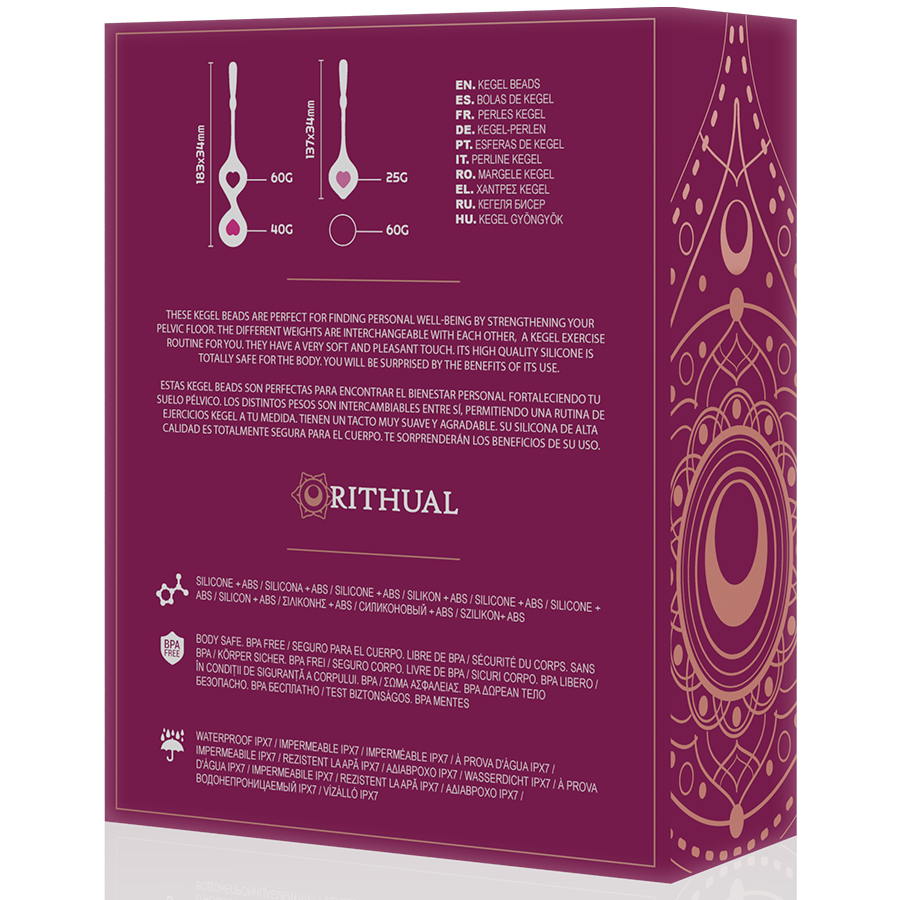 Verso de la boite Deva Rithual bordeaux avec schemas des boules de Geisha, poids 60G, 40G, 25G et notice multilingue, kit silicone pour renforcer le plancher pelvien.