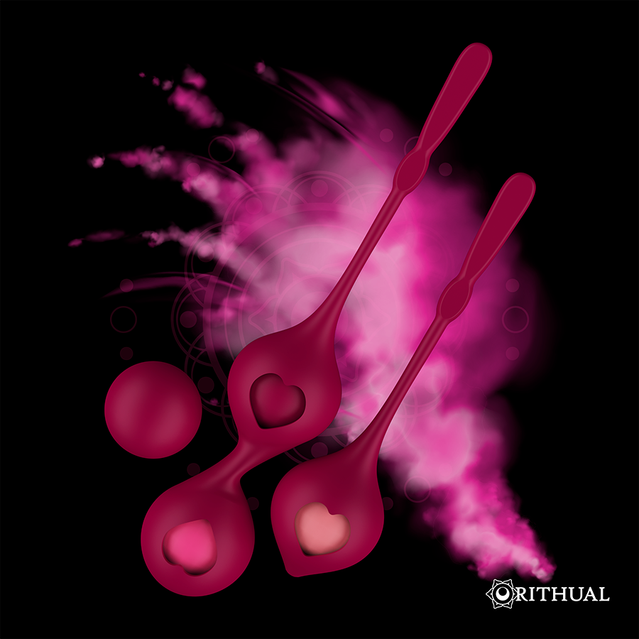Visuel d ambiance des boules de Geisha Rithual en silicone bordeaux sur fond noir et fumee rose, tiges a coeur et billes progressives pour la reeducation du plancher pelvien.