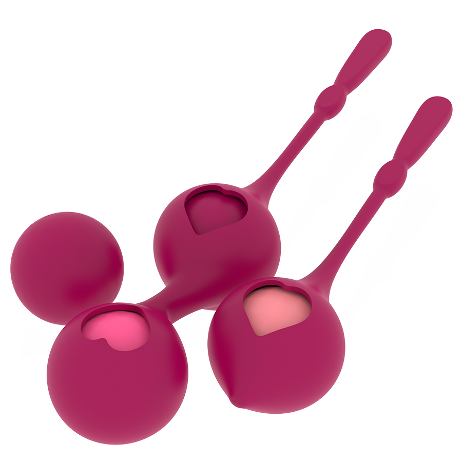 Boules de Geisha Rithual en silicone bordeaux disposees en grappe, tiges a coeur et billes de poids varies, kit a charge progressive pour renforcer le perinee en douceur.
