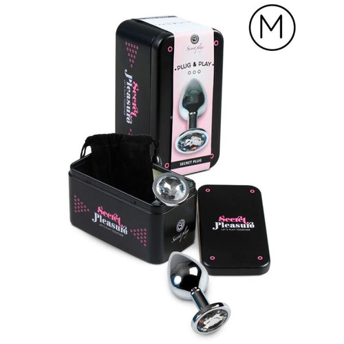 Coffret Plug and Play Secret Pleasure avec plug anal metal lisse a strass, boite metal noire et pochette satin, kit cadeau pour decouvrir le plug bijou.