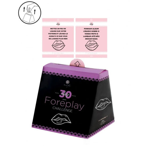 Jeu 30 Foreplay Challenge de Secret Play, boite pyramide noire et violette accompagnee de cartes defis roses, jeu de couple preliminaires, packaging et cartes presentes.