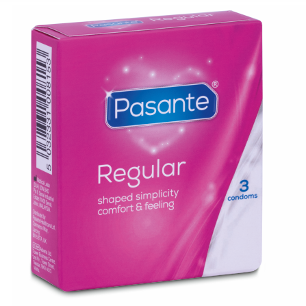 Etui rose Pasante Regular de 3 preservatifs vu de face, shaped simplicity comfort & feeling, preservatif classique effile embout reservoir sensation naturelle