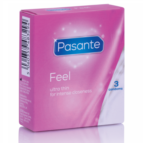 Boite rose Pasante Feel de 3 preservatifs vue de profil, ultra thin for intense closeness, modele ultra fin latex naturel pour des sensations intenses