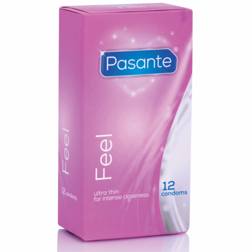 Etui rose Pasante Feel de 12 preservatifs vu de face, ultra thin for intense closeness, preservatifs ultra fins pensee pour une proximite maximale