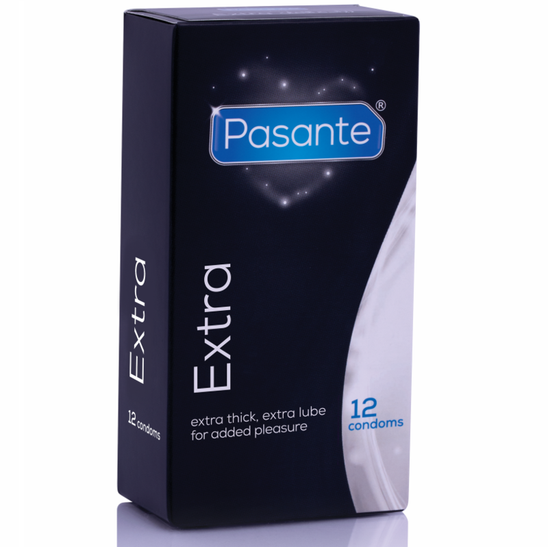 Boite noire Pasante Extra de 12 preservatifs vue de profil, extra thick extra lube for added pleasure, modele extra epais lubrifie protection renforcee