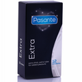 Boite noire Pasante Extra de 12 preservatifs vue de profil, extra thick extra lube for added pleasure, modele extra epais lubrifie protection renforcee