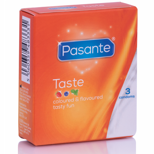 Etui Pasante Taste de 3 preservatifs aromatises vu de face, saveurs colorees coloured & flavoured, latex naturel ideal pour pimenter les preliminaires