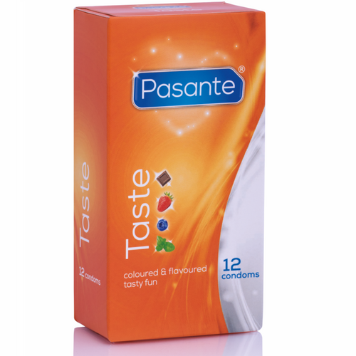 Boite orange Pasante Taste de 12 preservatifs aromatises vue de trois quarts, coloured & flavoured tasty fun, latex naturel pour jeux gourmands a deux