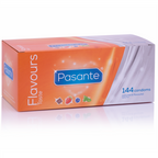 Grande boite Pasante Flavours de 144 preservatifs aromatises vue de profil, format economique multi-saveurs, latex naturel pour jeux gourmands varies