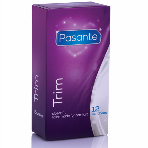 Boite violette Pasante Trim de 12 preservatifs vue de profil, modele plus etroit ajustement serre closer fit, latex naturel pour confort sur mesure