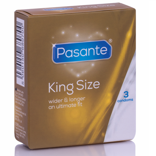 Etui Pasante King Size de 3 preservatifs vu de face avec code-barres lateral, latex naturel lisse couleur naturelle, plus large et plus long, ultimate fit