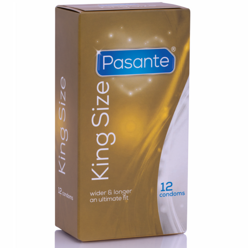 Boite doree Pasante King Size de 12 preservatifs vue de trois quarts, modele plus large et plus long en latex naturel pour un ajustement confortable optimal