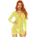 Mini robe dentelle crochet manches longues néon — détail produit