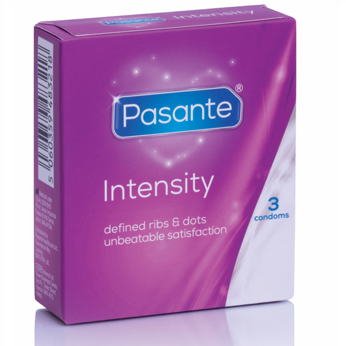 Boite violette Pasante Intensity de 3 preservatifs vue de trois quarts, defined ribs & dots unbeatable satisfaction, modele texture nervure et points