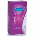 Boite violette Pasante Intensity de 12 preservatifs vue de profil, defined ribs & dots, modele texture a nervures et points pour stimulation accrue