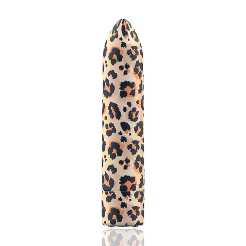 Mini vibromasseur bullet rechargeable au motif léopard, vu de face debout, silicone et ABS, 6,25 cm, 10 modes de vibration et pulsation, submersible Custom Bullets