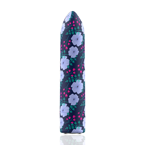 Mini vibromasseur bullet rechargeable au motif floral sur fond foncé, vu de face debout, silicone et ABS, 6,25 cm, 10 modes de vibration, submersible Custom Bullets