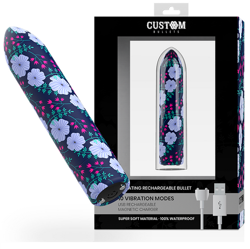 Bullet vibrant floral incliné devant sa boîte noire Custom Bullets, mini vibromasseur silicone et ABS, 10 modes, charge magnétique USB, 100% waterproof, super soft