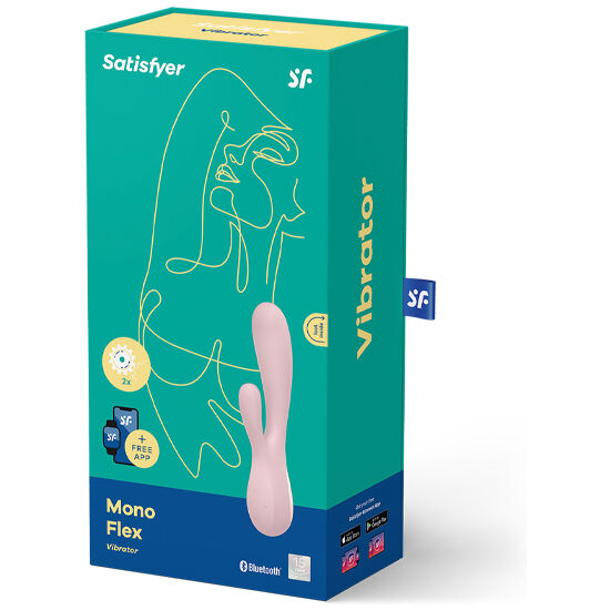 Boîte du Satisfyer Mono Flex en version vert menthe avec visage stylisé au trait et illustration du lapin rose, mention Vibrator et compatibilité app gratuite.