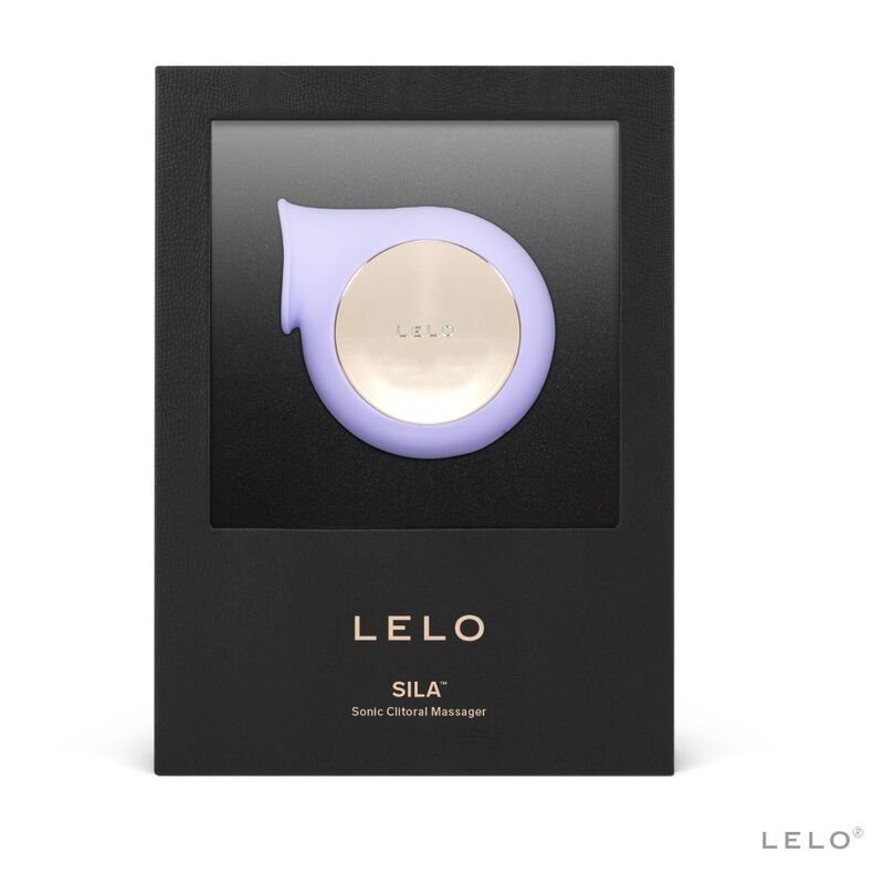 Stimulateur clitoridien Sila lilas présenté dans sa boîte Lelo Sonic Clitoral Massager, large embouchure enveloppante en silicone, ondes soniques rechargeables.