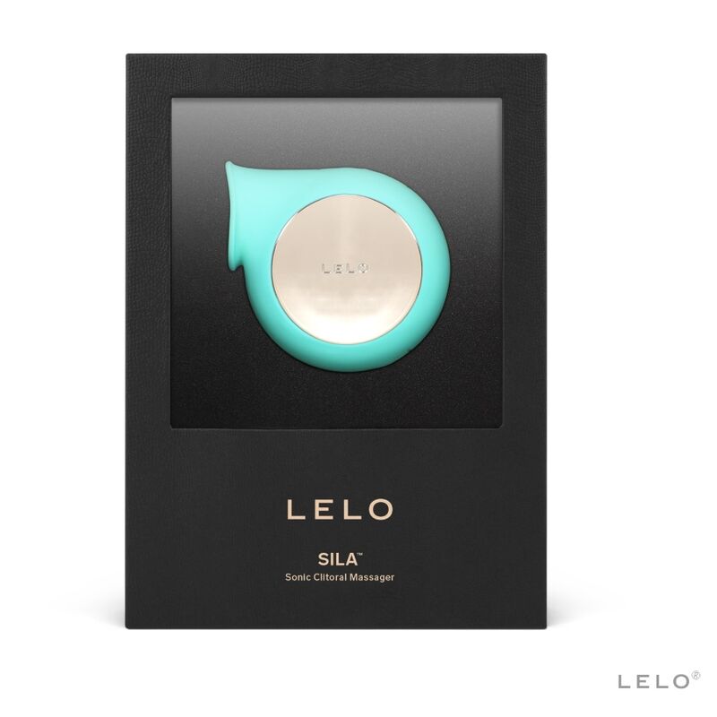 Stimulateur clitoridien Sila turquoise dressé dans son coffret Lelo Sonic Clitoral Massager, large embouchure sonique en silicone, sans contact direct appuyé.