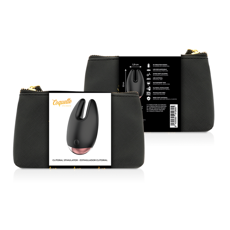 Coffret du stimulateur clitoridien Coquette à fente en U, boîte avant et dos technique avec trousse de rangement noire, vibromasseur silicone noir et or rechargeable.