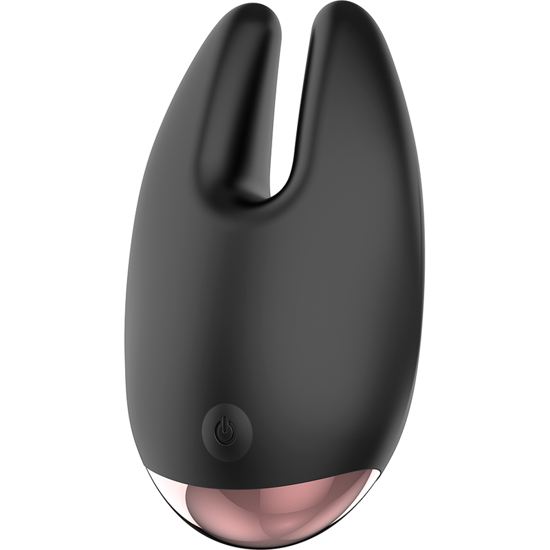 Stimulateur clitoridien Coquette silicone noir à double branche incliné, base dorée rosée et pointe en U, vibromasseur silencieux 50 dB rechargeable et étanche IPX6.