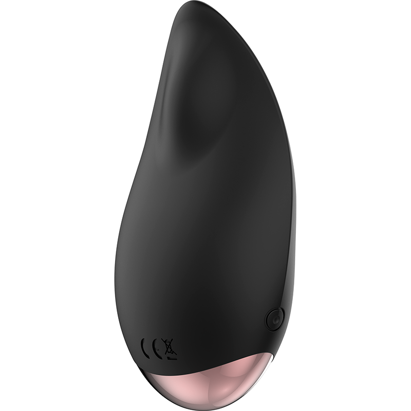 Stimulateur clitoridien Coquette noir en silicone, vue de profil avec base dorée, rechargeable et doté de 10 modes de vibration.