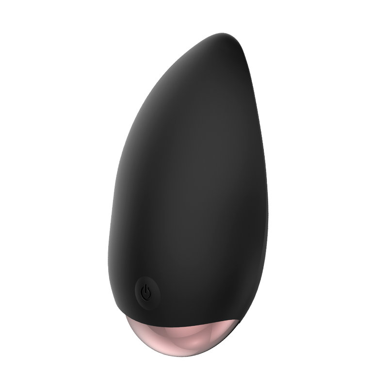Stimulateur clitoridien Coquette silicone noir présenté de profil, bouton de commande et base dorée rosée, galet ergonomique étanche IPX6 à 10 modes de vibration.