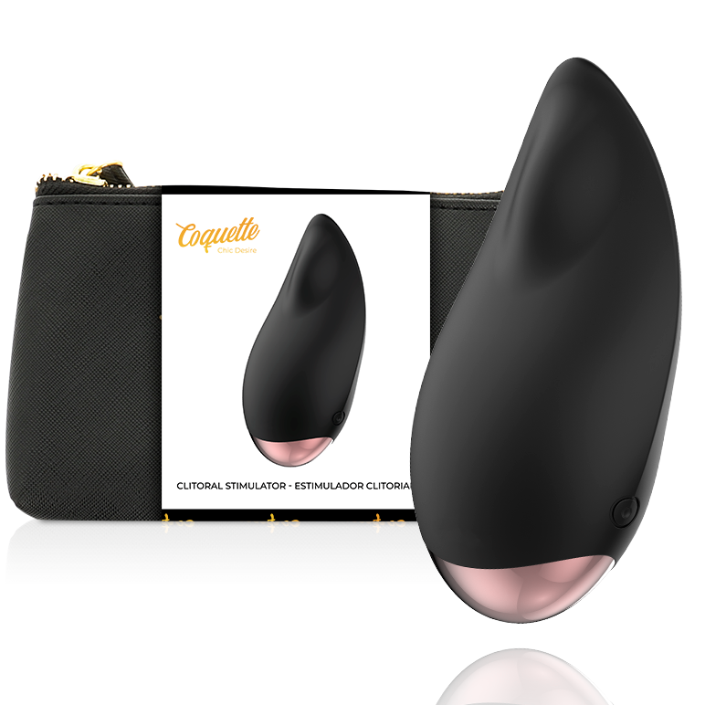 Stimulateur clitoridien Coquette noir présenté avec sa boîte et sa trousse de rangement.