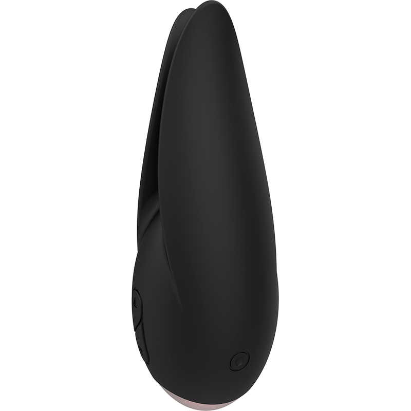 Stimulateur clitoridien Coquette en silicone noir vu de face, large corps en goutte avec bouton power et liseré doré rosé, galet silencieux rechargeable étanche IPX6.