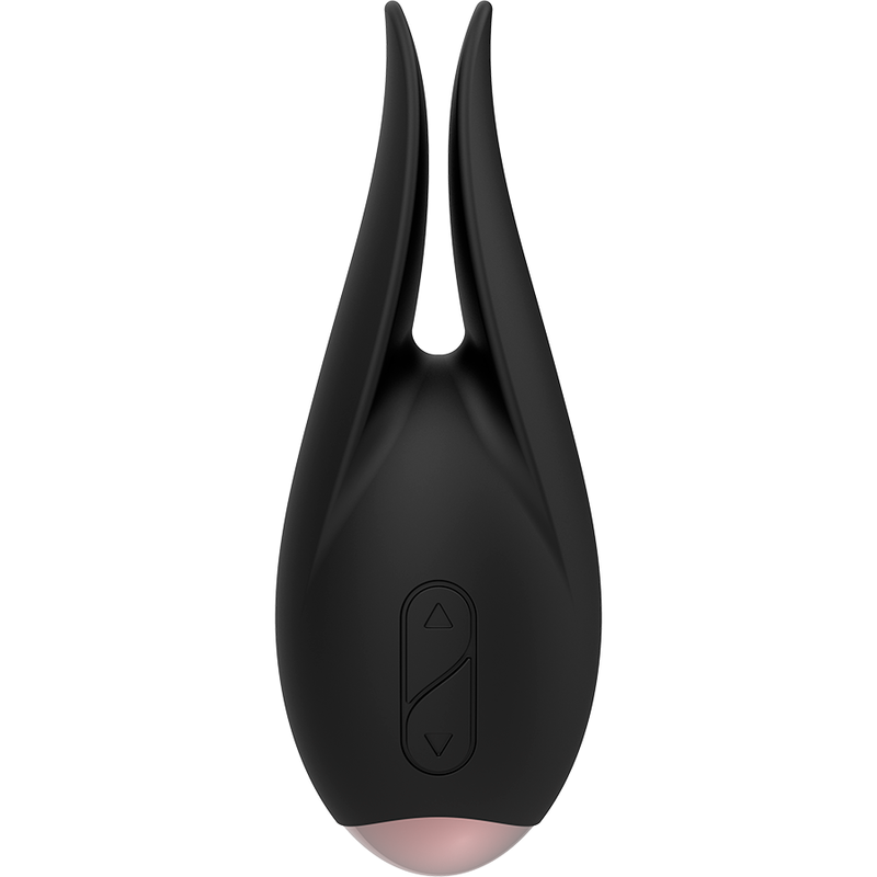 Vibromasseur clitoridien Coquette silicone noir à longues pointes effilées en V, commande à flèches et base dorée rosée, stimulateur double rechargeable et étanche.