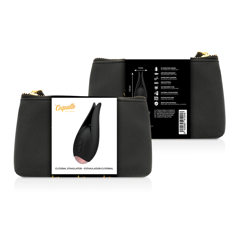Coffret du stimulateur clitoridien Coquette, boîte avant et dos technique avec trousse de rangement noire, vibromasseur silicone noir et or à 10 modes rechargeable.
