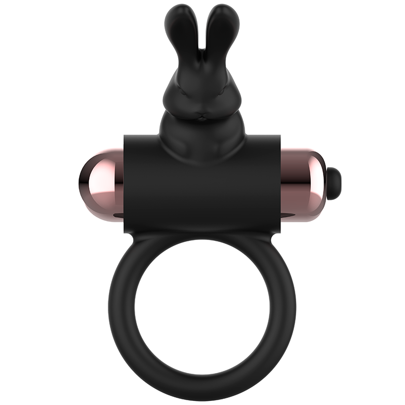 Anneau vibrant Coquette silicone noir avec lapin stimulateur et bullet doré rosé, vue rapprochée du cockring souple submersible IPX6 soutenant l'érection.