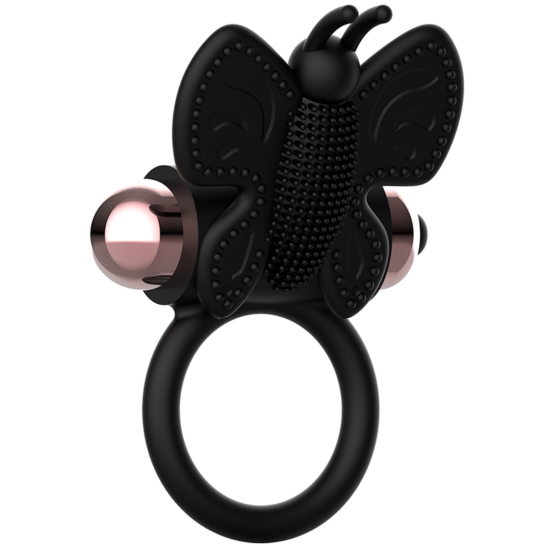 Anneau vibrant papillon silicone noir et or — vue de profil