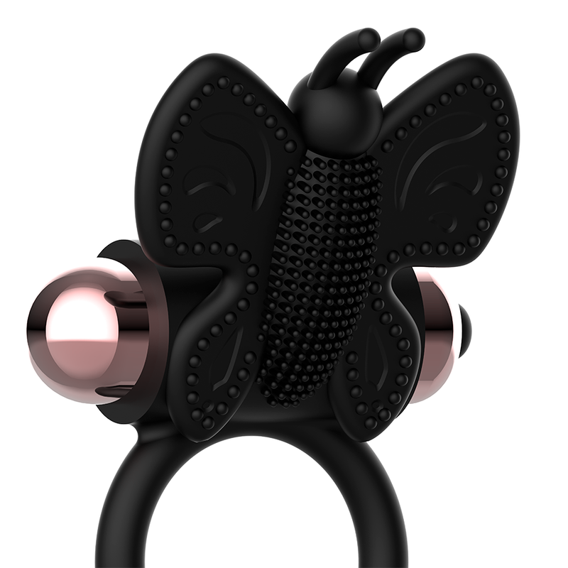 Anneau vibrant papillon silicone noir et or — vue de dos