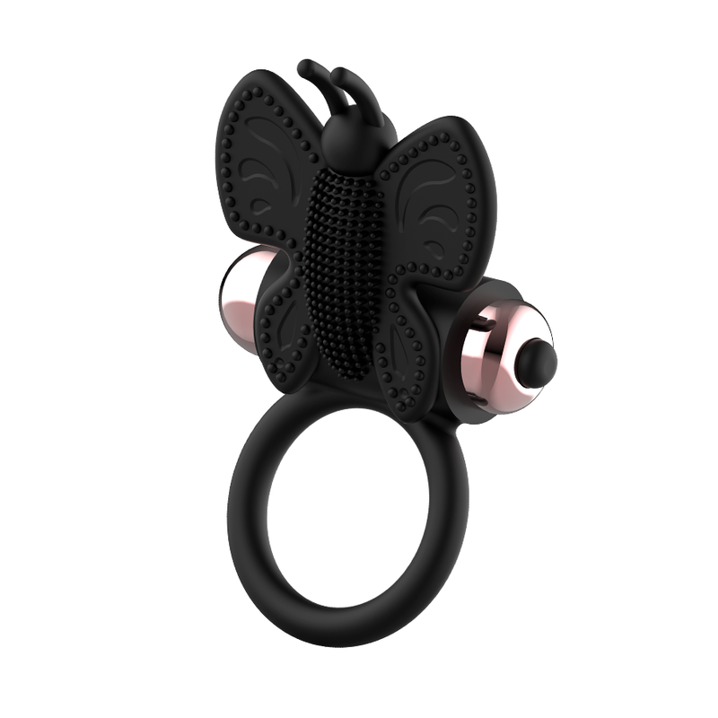 Cockring papillon Coquette en silicone noir vu de l'autre profil, aile texturée et bullet doré rosé, anneau vibrant ergonomique étanche à piles LR44 incluses.