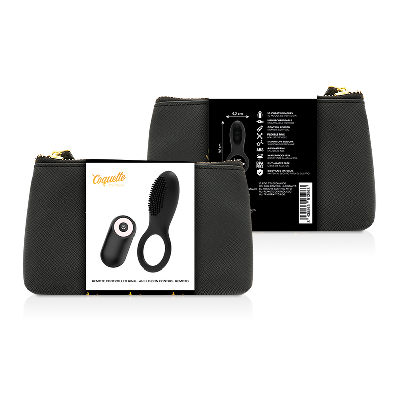 Coffret du cockring vibrant Coquette à picots, boîte avant et dos technique avec trousse noire zippée, anneau silicone rechargeable USB à télécommande sans fil.