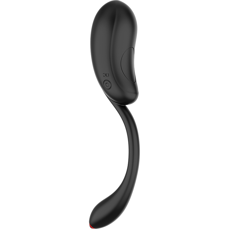 Œuf vibrant Coquette silicone noir vu de profil, corps galbé à bouton de commande et tige souple recourbée, stimulateur interne submersible IPX6 rechargeable.