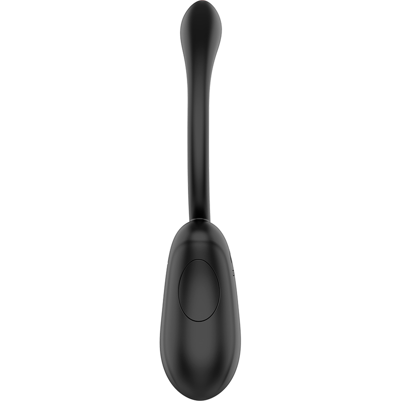 Œuf vibrant Coquette en silicone noir vu de face, ovale allongé prolongé d'une tige souple, accessoire silencieux piloté par télécommande sans fil à 10 modes.