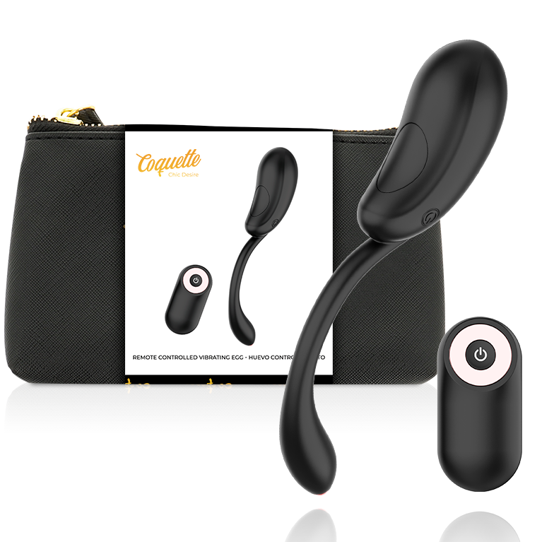 Œuf vibrant Coquette devant sa boîte Remote Controlled Vibrating Egg et sa trousse noire, télécommande incluse pour le stimulateur silicone noir submersible IPX6.