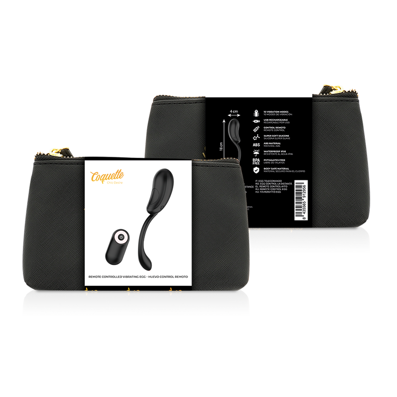 Coffret de l'œuf vibrant Coquette, boîte avant et dos technique avec trousse noire zippée, stimulateur silicone noir à télécommande rechargeable et étanche IPX6.