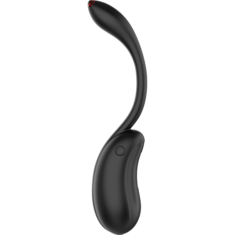 Œuf vibrant Coquette en silicone noir vu de trois quarts, galet allongé à bouton power et tige courbe, accessoire intime étanche rechargeable à télécommande.