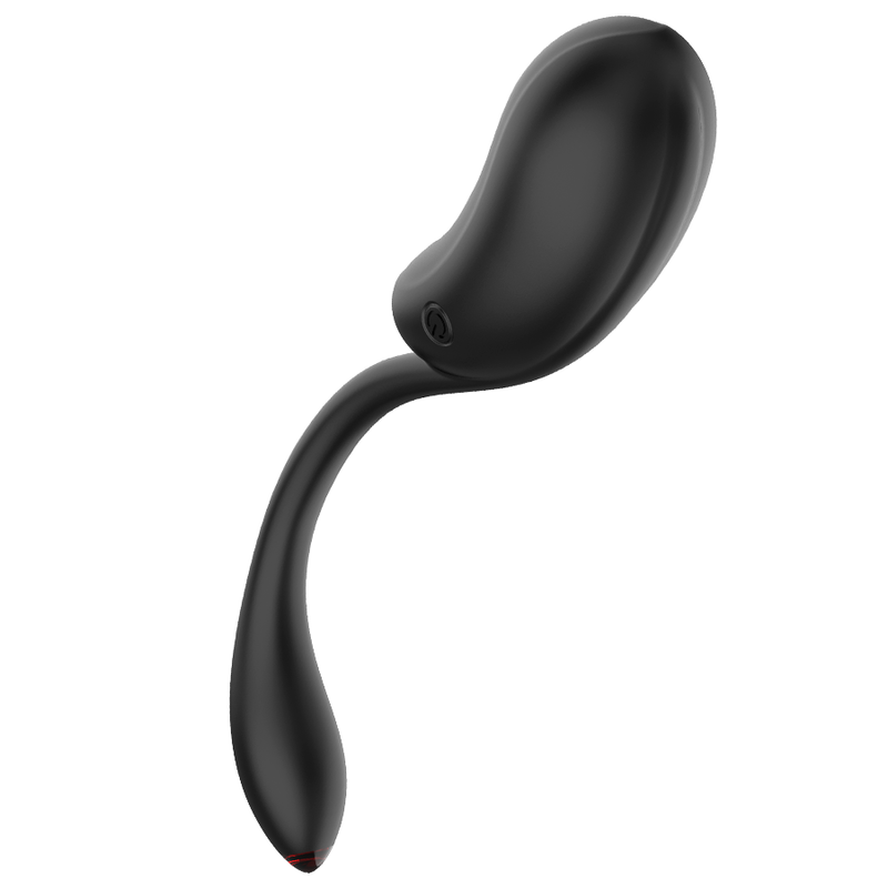 Œuf vibrant Coquette silicone noir présenté de profil, corps bombé et tige souple recourbée, stimulateur interne submersible IPX6 à 10 modes de vibration.