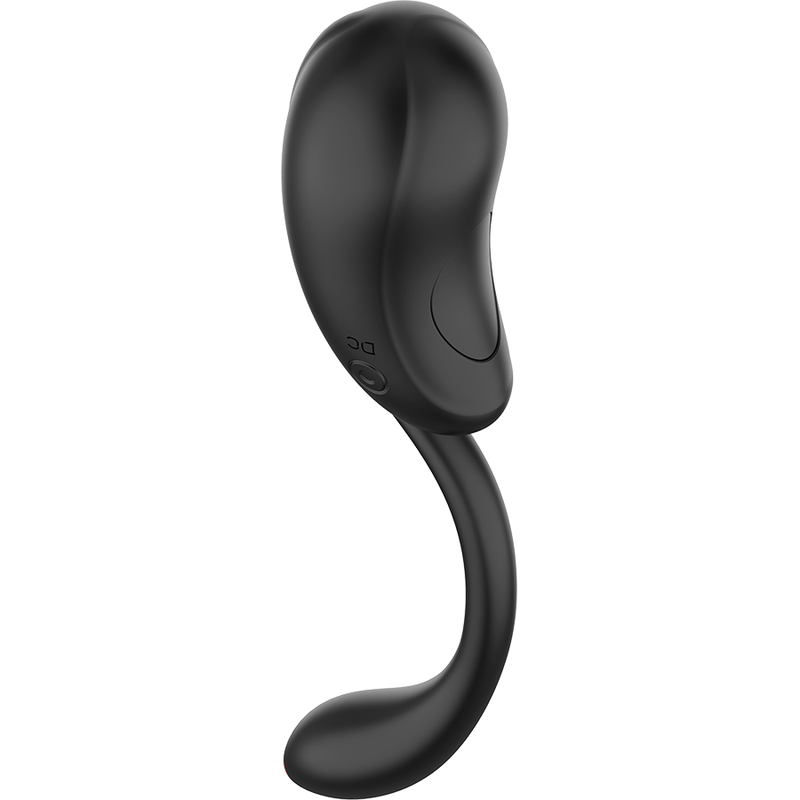 Œuf vibrant Coquette en silicone noir vu sous un autre angle, galet allongé à commande latérale et queue souple, accessoire intime rechargeable USB étanche.