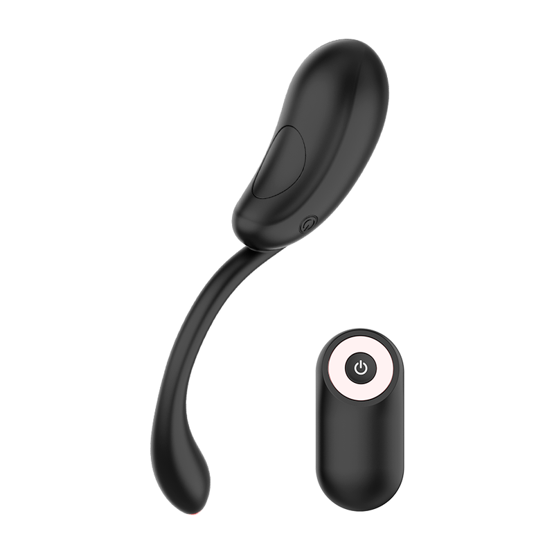 Œuf vibrant Coquette en silicone noir à longue tige courbe avec sa télécommande sans fil, accessoire submersible IPX6 rechargeable USB à 10 modes de vibration.