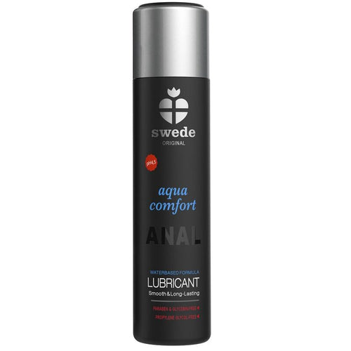 Lubrifiant anal Swede Aqua Comfort base eau, flacon noir vue de face, sensation soyeuse longue tenue au pH equilibre sans paraben ni glycerine.