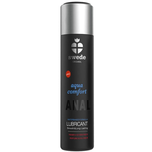Lubrifiant anal Swede Aqua Comfort base eau, bouteille noire seule de face, formule premium soyeuse longue tenue sans residu ni paraben.
